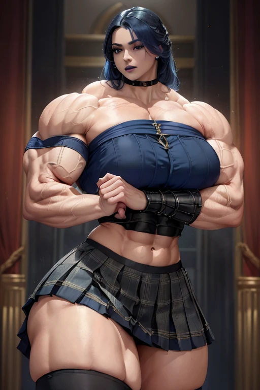 ((((Massive tall, beautiful, buff, pale white skinned muscular woman with royal blue hair, black lipstick, ginormous bulky muscles, crossed arms and wearing a royal blue off-shoulder cropped top and beautiful long pleated skirt)))), (close view), (massive muscles), long wavy curly hair, ((chained belt)), black eyes, choker, ((royal blue plaid off-shoulder cropped top)), belt, ((beautiful long pleated skirt)), thigh high socks, black boots, (at a college dorm room), closed smile, night, massive muscles