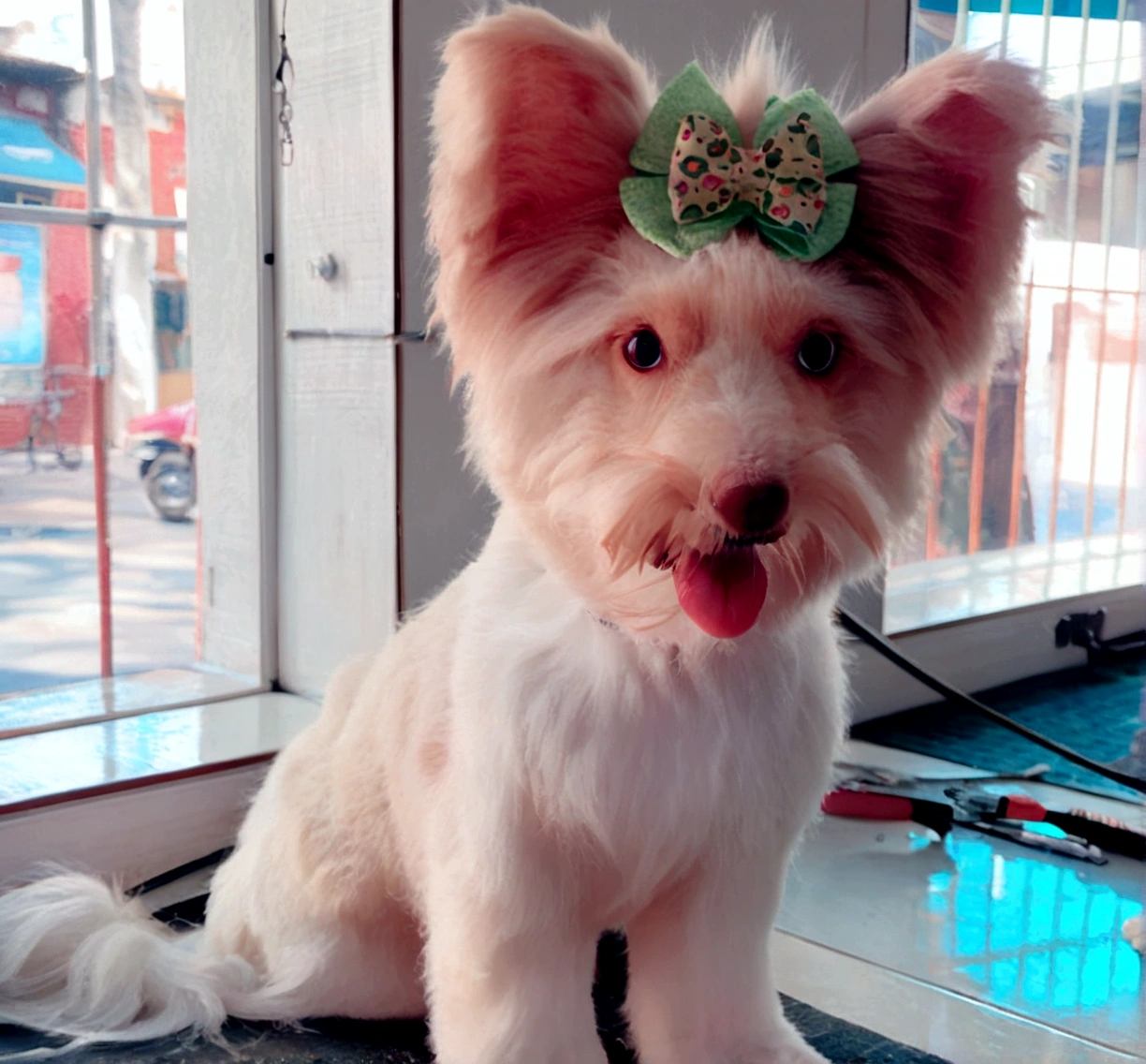 white and light brown albino dog, with different colored eyes, tongue out and green bow on her head, pixar cartoon style photo