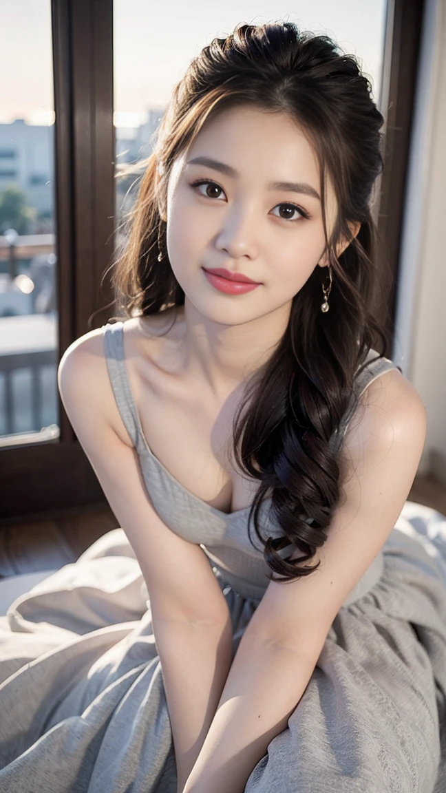  (masterpiece, top quality, best quality,1girls,Korean, beautiful face, smile, long hair, 19 years old, Tank top, ((Light grey straight dress:1.1)), White shoes, hills, full body view, sunset,Bangs to eyebrows、Beautiful brown hair、Beautiful and delicate eyes、Brown eyes、Raise an eyebrow、High Nose、Small nostril、Little mouth、Tempting lips、Mouth slightly open、Beautiful breasts、Full body、Oval face, Both eyes, Both eyes皮, Long eyebrows, Long eyelashes, A faint smile,