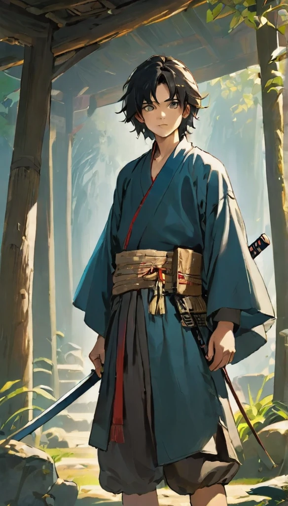 Sure, here is the detailed description in English:
**Cantanga (The Traveler)**:
- **Eyes**: Smoky black
- **Hair**: Black
- **Clothing**: Traditional Hachiru attire, ancient style
- **Accessories**: Straw hat that obscures his face, katana (sword) with black smoke powers
- **Background**: A mysterious traveler protecting an ancient village
**Jarmim (The Young Man)**:
- **Eyes**: Dark blue
- **Hair**: Dark blue
- **Clothing**: Traditional Hachiru attire, ancient style
- **Accessories**: Regular katana (sword)
- **Background**: A 15-year-old boy from the ancient village, curious about the traveler and his village's history
Both characters wear traditional Hachiru clothing, reflecting their ancient village's customs.