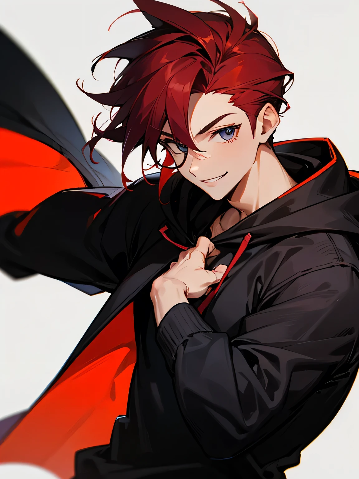 solo, upperbody, dark red fliiped hair, male's hair style, backcut, male's eyes, black hoodie, stylish pose, smile, white simple background
