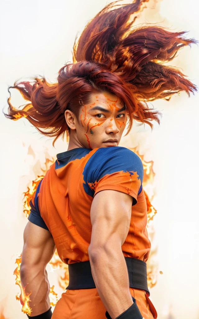 (best quality,4k,8k,highres,masterpiece:1.2),ultra-detailed,(realistic,photorealistic,photo-realistic:1.37), black asian man, red hair, fiery red eyebrows, intense red eyes, fierce expression, muscular physique, wearing an orange shirt with blue edges, surrounded by a blazing fire aura, vibrant and saturated colors, dynamic lighting