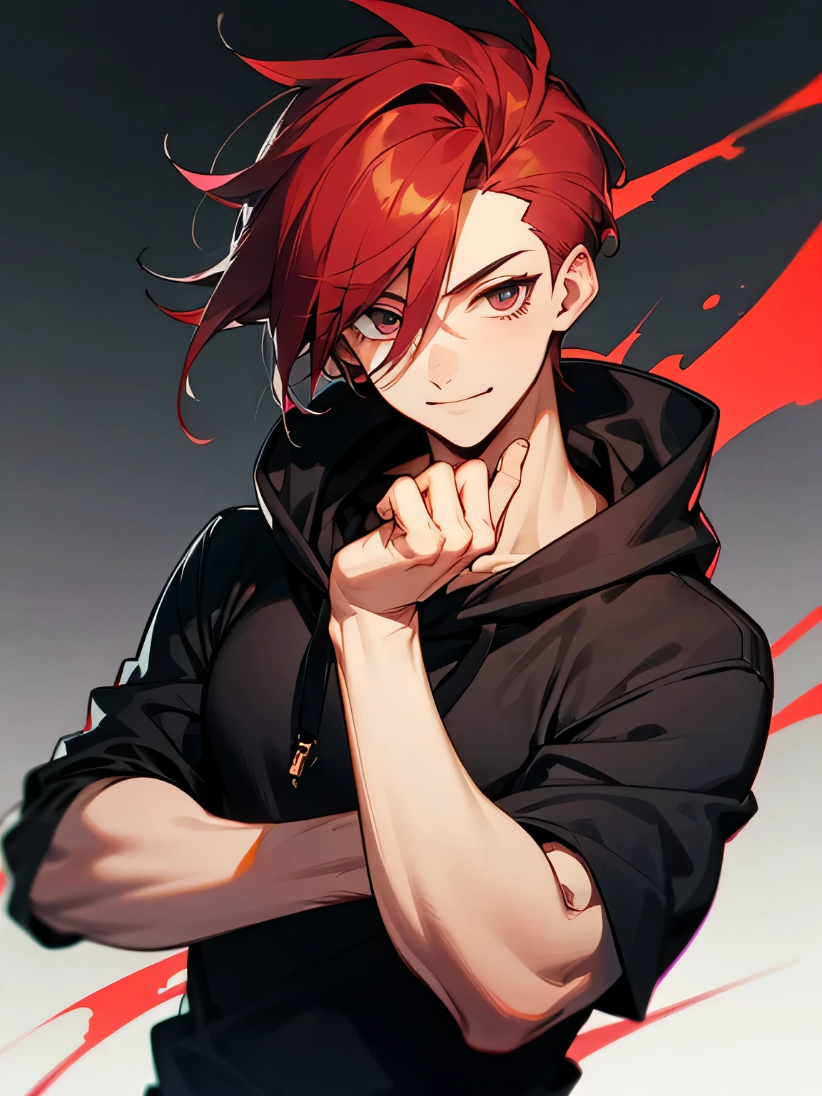 solo, upperbody, dark red fliiped hair, male's hair style, backcut, male's eyes, black hoodie, stylish pose, smile, white simple background