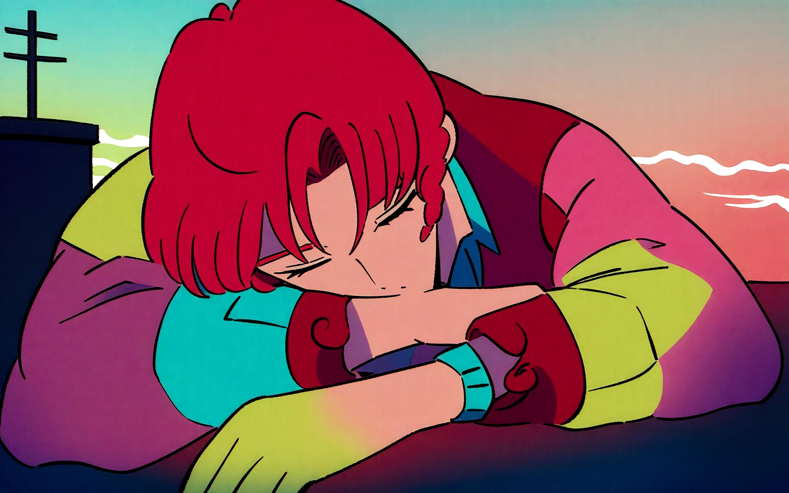 anime boy leaning on his arm, (((curly hair))) (((Red-Haired ))), praise artstyle, praise feel, cute anime pose, praise portrait, thoughtful pose, lo-fi illustration style, in the art style of 80s anime, praise art, praise, they be colors, they be, inspired by Bian Shoumin, official fanart