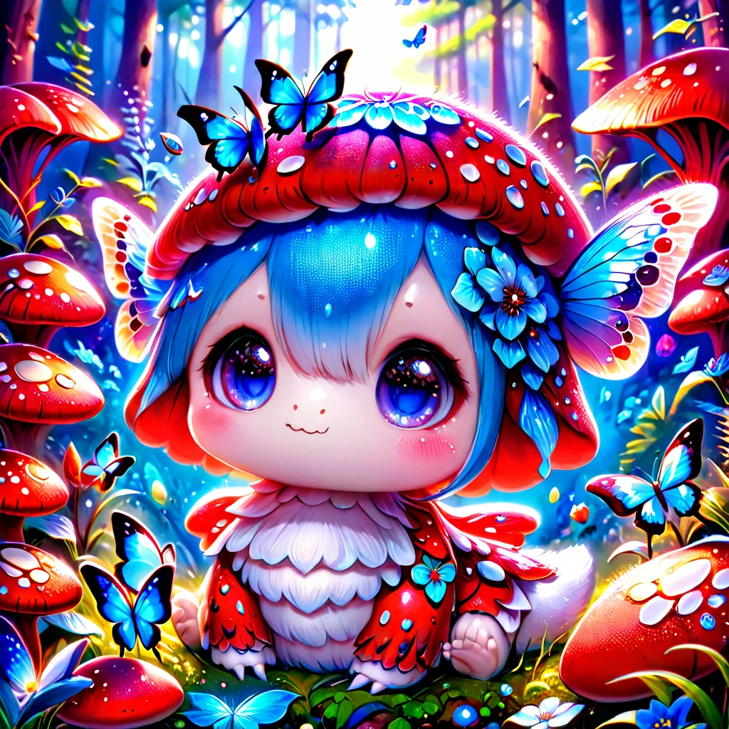 absurdres, highres, ultra detailed, HDR, master piece, best quality, extremely detailed, cute red mushroom with face, cute, small, solo, magical, fantasy, magic, blue forest, glittering, blue butterflies, blue petals, blue flowers