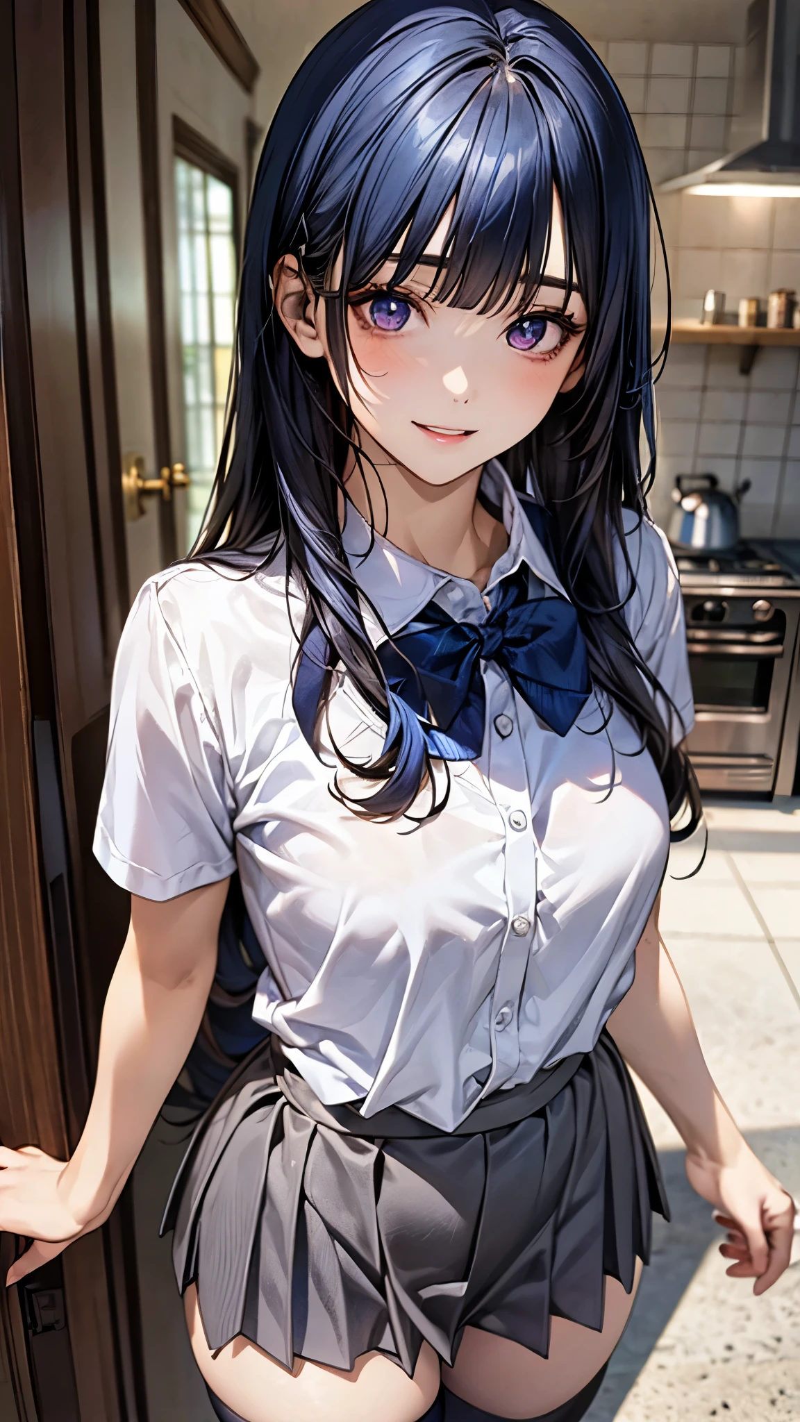 (masterpiece:1.2, top-quality), (realistic, photorealistic:1.4), beautiful illustration, (natural side lighting, movie lighting), nsfw,
looking at viewer, 1 girl, japanese, high school girl, perfect face, cute and symmetrical face, shiny skin,
(long hair:1.4, hime style, hime cut, navy blue hair), blunt bangs, purple eyes, big eyes, long eye lasher, (medium breasts, seductive thighs), slender,
beautiful detailed hair, beautiful detailed face, beautiful detailed eyes, beautiful clavicle, beautiful body, beautiful chest, beautiful thigh, beautiful legs, beautiful fingers,
(short sleeve white collared shirt, gray pleated miniskirt, blue bow tie, black thigh-highs),
(beautiful scenery), evening, (kitchen:1.2), standing, (lovely smile, upper eyes, parted lips),