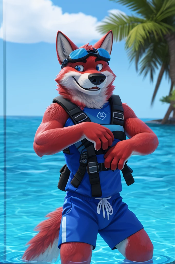 Ivan Wolfbach (Аэропорт Domodedovo),high,Beautiful,slim,24 years,wolf, red fur,high Beautiful wolf, 24 years,(red body:1.3),beautiful blue eyes,Domodedovo, Russia, swimming trunks floats,Goggles, scuba diving,canine, wolf, detailed fur, male, antro, paw pads, finger claws, at viewer, 5 fingers, paws, 5 fingers,day,digital photography, soft focus,good настроение на стойке регистрации,,photorealism, realistic, photorealistic,digital style,from close swims, , Very close to the camera, digital photography, smile positive, good,mood pilot, of Education,bathes swims, pool,
masterpiece, Best quality, ultra realistic, 8 k)