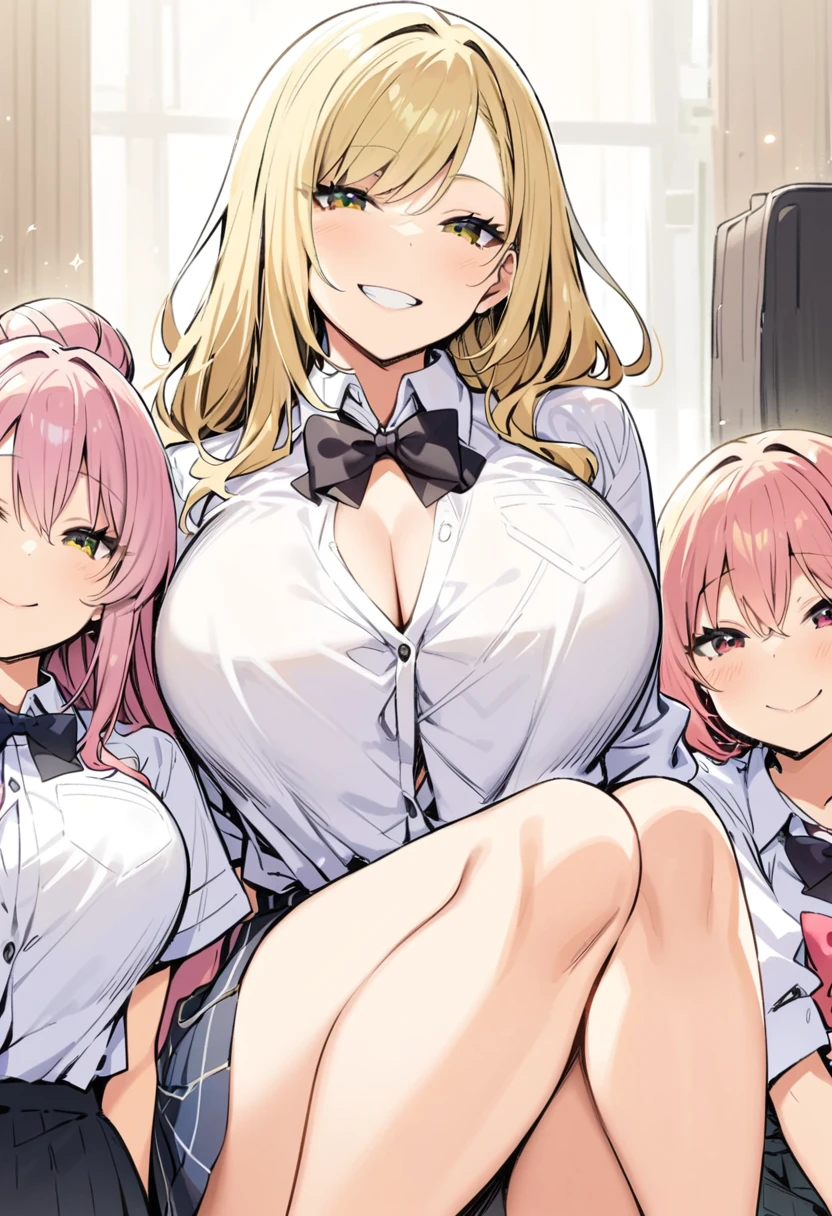 masterpiece, Highest quality, High resolution, JK,Huge ,Three Girls,black bow,black bowtie,Blonde,bow,bowtie,chest,Hair Bun,,Long Hair,View your viewers,Multiple Girls,Pink Hair,short hair,,smile,gyaru