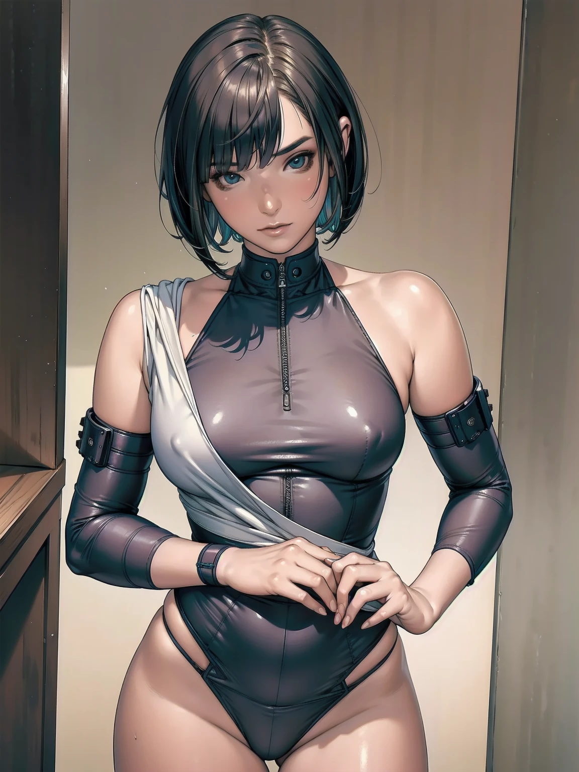 (((Woman))), (((best qualityer))), (((masterpiece))), (((grown-up))), (((1 girl))), ((( bob haircut ))), Uma gladiadora cyberpunk Woman de 25 anos com corpo perfeito, shoulder pads with metal spikes, Brooklyn Gladiators, (( bob haircut )), tiny leather panties, ripped rugby t-shirt, almost naked in Simon Bisley's wild urban style for the cover of Heavy Metal magazine, Short blonde hair, Minimal clothing, Metal protection on the left arm with complex graphics, Dark red with white stars and zigzag striped pattern, navy blue and white, armour, cheio de espinhos, (((from the knee up))), short white blonde hair, in the background a wall painted by Shepard Fairey with an intricate design