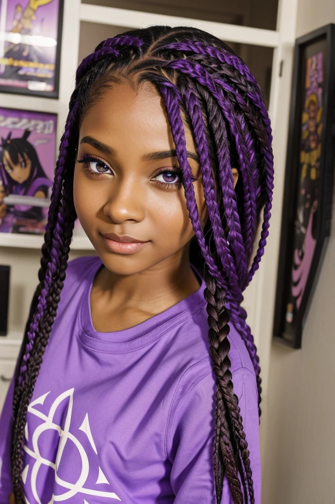 A brown-skin woman with long box braids and lavender purple eyes.She is an otaku at heart she loves anime, manga, and comics.She wears anime merch from head to toe.