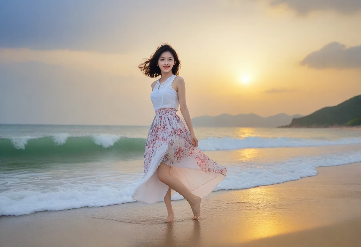 beautiful korean girl, Chest size 34 inches, Wear sleeveless, light skirt, red light on the beach at sunset. beautiful pretty woman look , wearing a light skirt , Go far into the sea water and dip your toes., Short medium hair blowing in the wind, 1 woman, beautiful eyes, a little smile, Beach with waves in Da Nang, Vietnam, I see palm trees, Photo taken from a distance with a wide-angle lens, best high definition, perfect sea view, whole body