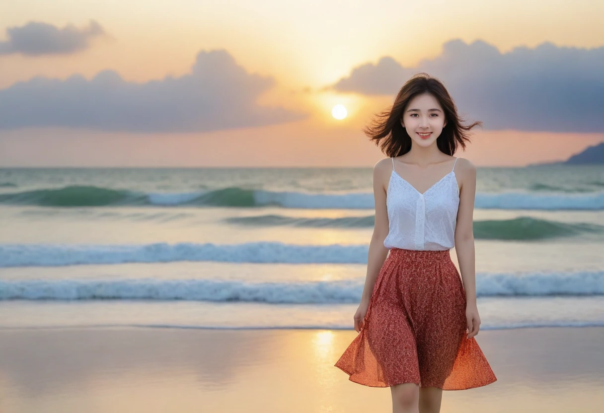 beautiful korean girl, Chest size 34 inches, Wear sleeveless, light skirt, red light on the beach at sunset. beautiful pretty woman look , wearing a light skirt , Go far into the sea water and dip your toes., Short medium hair blowing in the wind, 1 woman, beautiful eyes, a little smile, Beach with waves in Da Nang, Vietnam, I see palm trees, Photo taken from a distance with a wide-angle lens, best high definition, perfect sea view, whole body