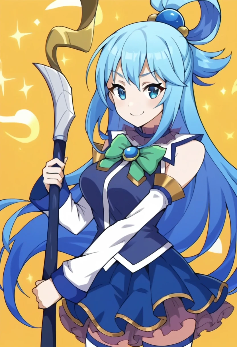 score_9, score_8_up, score_7_up, score_6_up, score_5_up, score_4_up, 1girl, (solo), standing, smile, anime screencap,  aqua /(konosuba/), long hair, blue eyes, hair ornament, very long hair, blue hair, hair rings, single hair ring,blue skirt, blue shirt, thighhighs, bare shoulders, detached sleeves, white thighhighs, green bow,blue boots