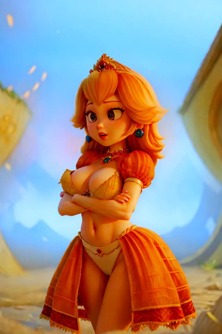 (High quality detailed textures:1.2),Princesa Peach, Golden Lingerie, crop top,big breasts,deep neckline,peach colored clothes,ultra detailed,realist,portrait,Fancy,soft lighting,vibrant colors, white thong , nipples visible under clothes