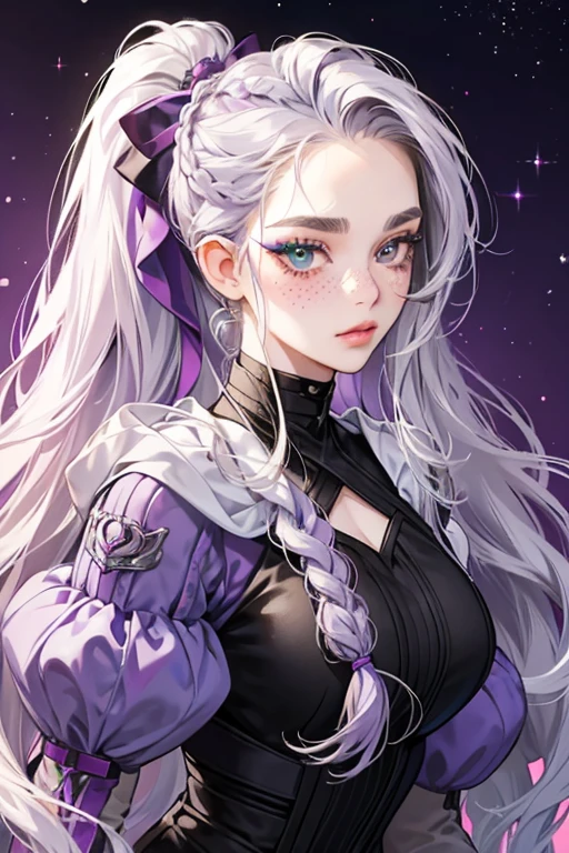 Riviera is a teenage girl with pale skin. She has long curly lavender hair and black braided streaks in her hair, Her hair is styled into a high up and half down ponytail with bigger braids at the center top front. She has bright green eyes, medium shaped eyebrows and freckles, Her makeup consists of silver and purple eyeshadow and purple eyeliner, glitter blush and her lips are pastel pink in color. SPARKLE; GLITTER