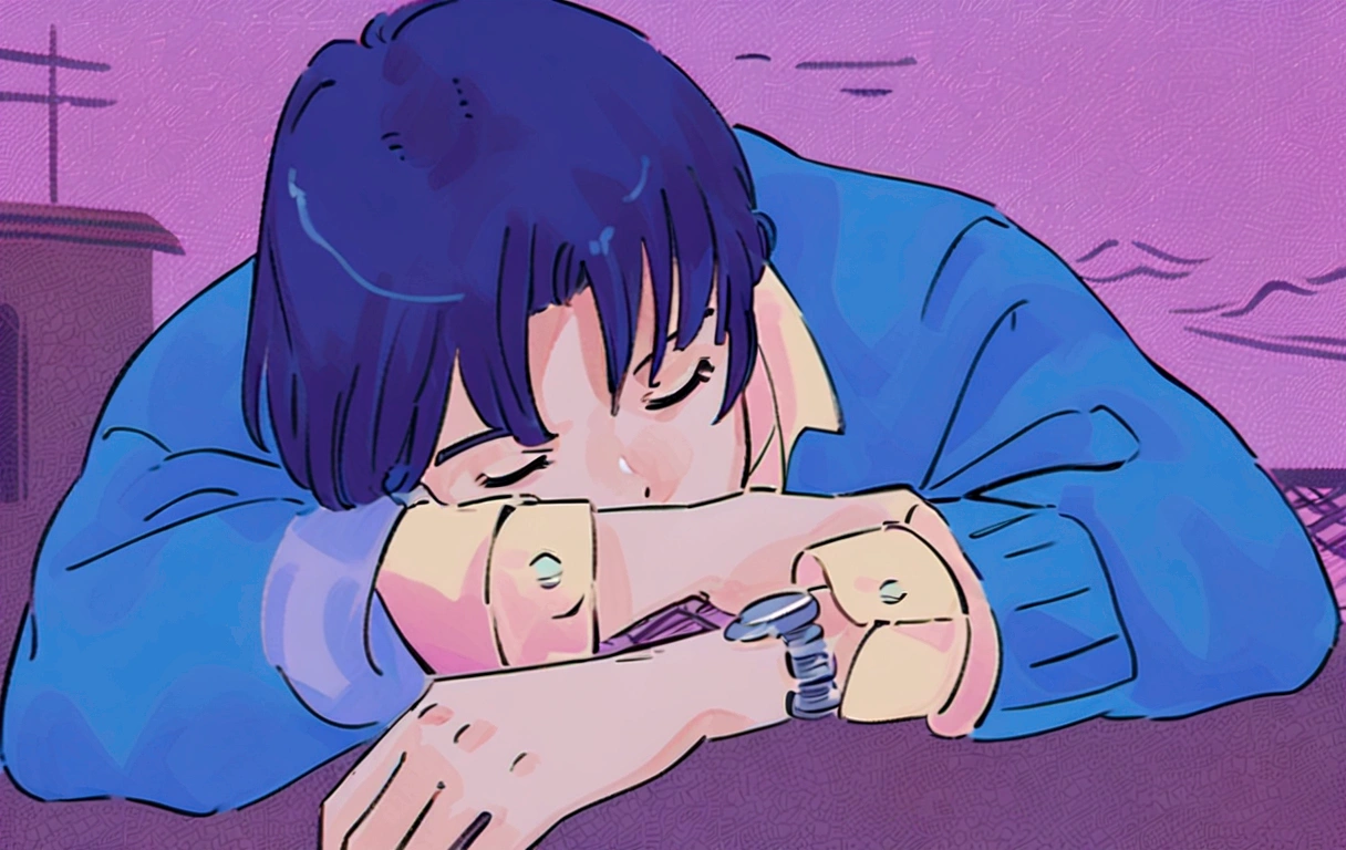 anime boy leaning on his arm, ((red curly hair )), praise artstyle, praise feel, cute anime pose, praise portrait, thoughtful pose, lo-fi illustration style, in the art style of 80s anime, praise art, praise, they be colors, they be, inspired by Bian Shoumin, official fanart