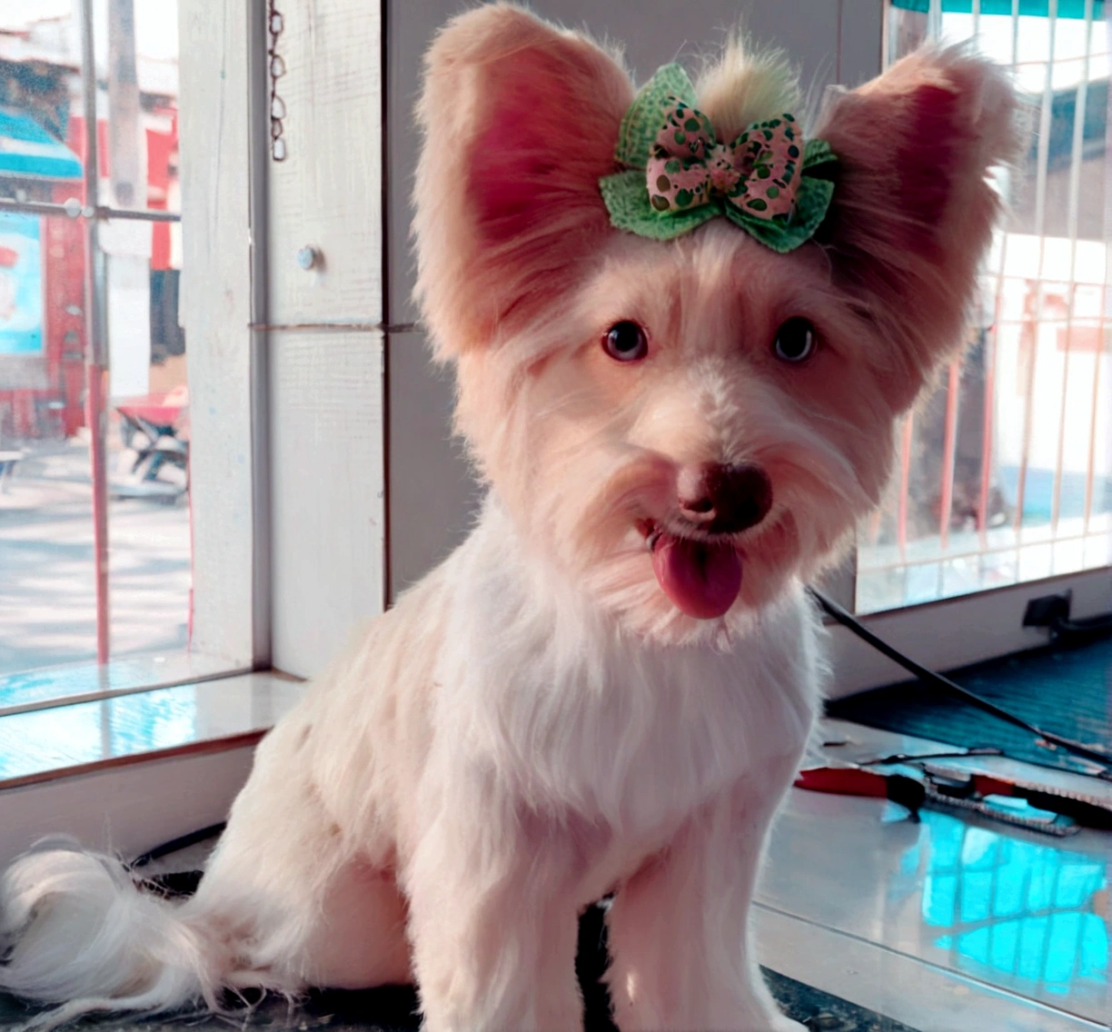 white and light brown albino dog, with different colored eyes, tongue out and green bow on her head, pixar cartoon style photo
