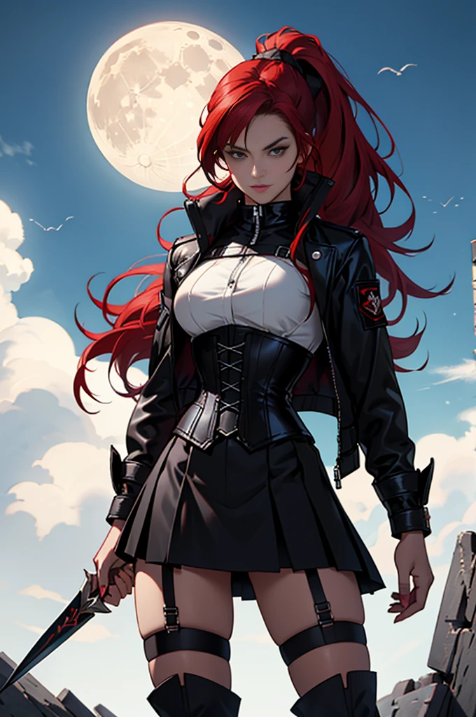 Rogue human woman, with red hair and black streaks, long high ponytail, white corset, black mini skirt, black thigh high boots, black jacket, with a dagger, moon in background