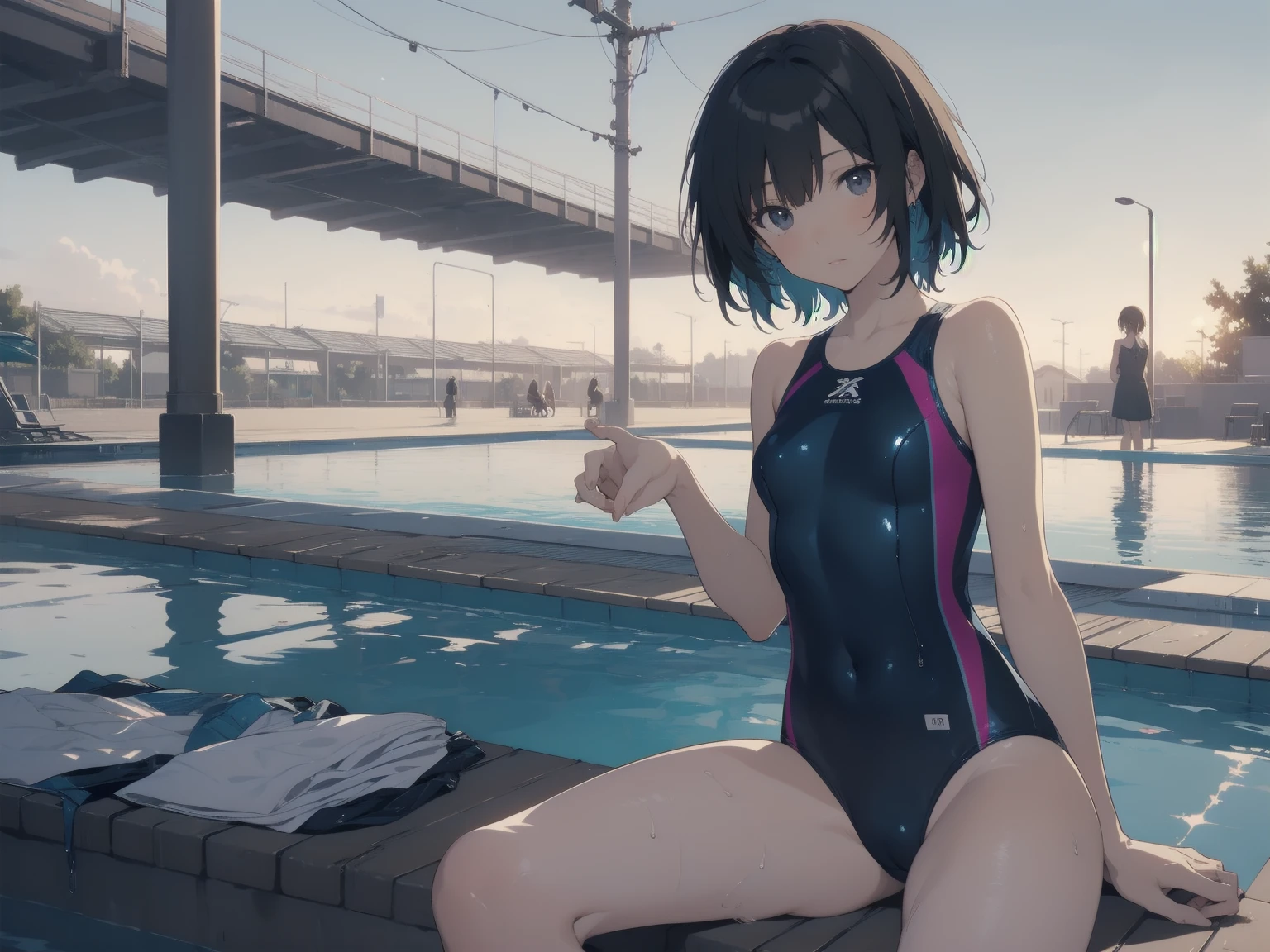 ultra-Top-quality by art God, ultra-detailed, high resolution, shinkai makoto style, anime moe artstyle, best anime 8k konachan wallpaper, pixiv contest winner, perfect anatomy, break,(Please draw a picture of a girl in a swimsuit sitting on a bench by the poolside alone.),break, a hyperrealistic school girl, parted lips, (Solo,lolita, ???, 13-year-old:1.3),Full limbs, complete fingers, androgynous charm, very short hair, wet hair, small breasts,slender body, Small butt, groin, Small black eyes,hanme,beautiful detailed eyes, well-proportioned iris and pupils, sleepily, highres detailed hair, swimsuit, wet swimsuit, bare shoulders, thighs,  in the school pool. break,dewy skin, perspiration on the skin,skin texture, fine lines, pores, natural imperfections,light reflections, glossy skin, shiny skin,break,super detailed skin, shiny skin, Best lighting powered by famous artist, 8k, illustration,UHD, textured skin,break,((artist:toosaka_asagi )), artist:clamp ,artist:carnelian ,artist:kantoku ,
