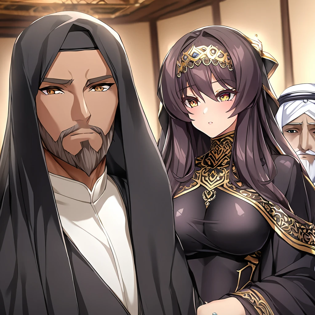 ((Highest quality)), ((masterpiece)), (detailed), (Perfect Face)、Women must wear black hijabs and niqabs、The woman is a devout Muslim, Ekstia., Arab with bright brown skin, In an Islamic prayer hall、She wears a gorgeous black abaya with gold embroidery.。, A gorgeous black hijab and niqab tightly covers her head, Gorgeous hair ornament, Gorgeous jewellery and engagement rings. The woman and the man are in a luxurious palace, And the woman、Wearing Arab national dress、In an Islamic prayer hall with a dignified bearded middle-aged Arab Muslim man。.、The woman is elegant and elegant., Blue semi-long hair, Black abaya and、She is wearing a gorgeous, skin-tight black hijab and niqab.. She is a devout Muslim Arab with vibrant brown skin.。.、(The woman was named Extia.、He is a dark-skinned Arab and a devout Muslim.。.)