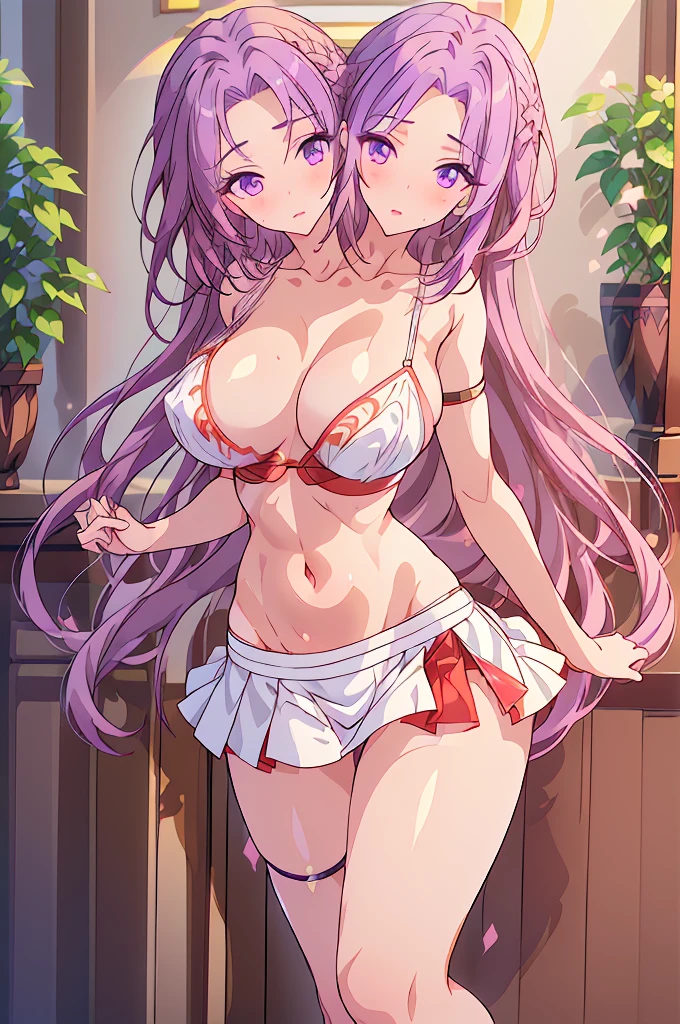 (masterpiece, best quality), best quality, (ultra-detailed), (3heads:1.5), 1girl, (meira:1.3), masterpiece, best quality, ultra detail, ultra resoltion, ultra detail, red and white top, crop top, ((stomach)), midriff, ((groin)), red and white skirt, frilled skirt, miniskirt, normal ears, shackles, purple hair, very long hair, wavy hair, sidelocks, dark purple eyes, fixed pupils, fixed iris, parted lips, very detailed eyes, beautiful eyes, sweat, cute, toned belly, hand on own chest, eyelashes, (24 year old woman:1.3), (masterpiece:1.5), (best quality:1.5), (beautiful detailed extremely detailed CG, extremely delicate and beautiful, depth of field, (finely detailed face), (perfect details:1.3), (mature female:1.3), wide pelvis, slender, large veiny breast, 16k resolution, highres, high quality, high definition, extremely detailed, masterpiece, purple hair, long hair, alluring presence, twin braid, short skirt, close up, very big tits, huge tits, young, cowboy shots, girl with three heads, three headed girl,