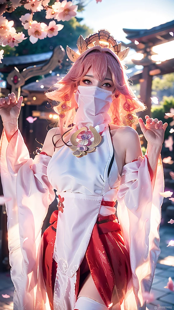 (Extreme Detail CG Unity 8K wallpaper, masterpiece, highest quality), (ulzzang-6500-v1.1:0.4) 1girl, kpop idol, yae miko, detached sleeves, pink hair, long hair, best quality, (photorealistic:1.2), (hair ornament:1.35), jewelry, fox ears, wearing face veil, (white face veil, silk mask veil:1.2), purple eyes, earrings, (very huge round breasts, big breasts: 1.2), torii, cherry blossoms, lantern light, depth of field, detailed face, face focus, (looking at viewer:1.25), shiny skin, long sleeves, cowboy shot, dynamic pose, (perfect proportions, elegant posture, sexypose:1.3), game cg, thigh highs, east asian architecture, blurry background, full body, focused expression, outdoor shrine setting, fantasy style,