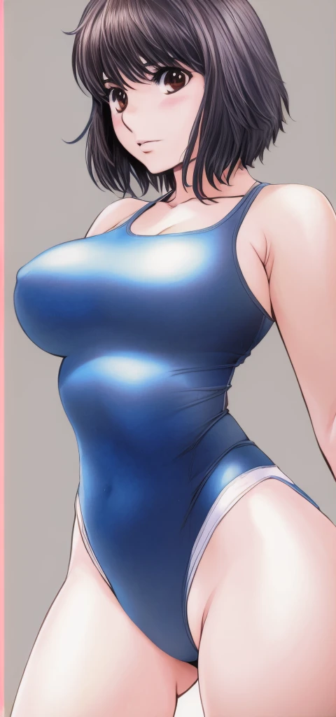 A boyish, short-haired, busty, beautiful-legged woman is standing in a competitive swimsuit with her legs spread to the sides, her hands on her hips, and a blush on her face.。