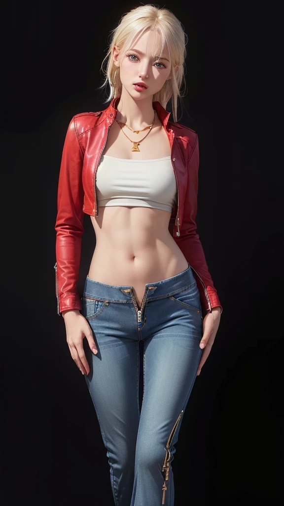 (Highest quality, 8K, High resolution, Realistic:2.0), (alone, One Girl:2.0),(Lighting:front),(Lighting: strong),(American Beauty:2.0),(Adult female:1.9),(The girl is very muscular:1.5),(Shiny skin:1.5),(Oily skin:1.5),(Platinum blonde hair color:1.5),(Flat Chest:1.5),(((Small breasts))),(The ultimate beautiful girl),(A very elegant and sophisticated woman),(Slutty girl fashion style wear),(((Super low rise pants:1.5))),((Leather jacket with zipper fully open)),(I can see my belly button),(The abdomen is visible),(Waist is visible),((Low-rise denim pants:1.5))),(((Pants that fit the hips:1.5))),(Low Waist Pants),Cheek brown makeup , Heavy eye makeup ,Pink lipstick,(Big Eyed Girl:1.3),(Amazing sex appeal),(Unzipping pants:1.6),(Open the bottom zipper:1.5),(Gold Necklace),(pull your pants down a little)