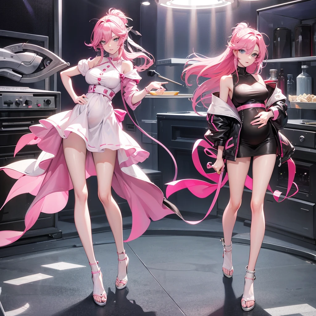 1girl,pink hair, open forehead, pregnant housewife, in the kitchen, blue eyes, slim waist, 20 years old, long legs, adult, correct anatomy, best quality, detailed eyes, high-quality hair, 2 eyes, 2 hands, correct leg anatomy, 2 legs, correct hand anatomy, long eyelashes, beautiful lips, lots of details, an adult beauty