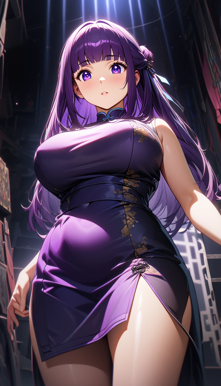 Cheongsam Girl，Half Up,Purple Hair,Purple eyes,Long Hair，Blunt bangs,cowboy shot,Pure white background，Big Breasts,Depth of written boundary，Low angle view，Calf Level View，Overclocked Renderer，Cinema Lighting，Ultra-fine，Very detailed，complicated，Cinematic Perspective，CG Art，Looking at me,