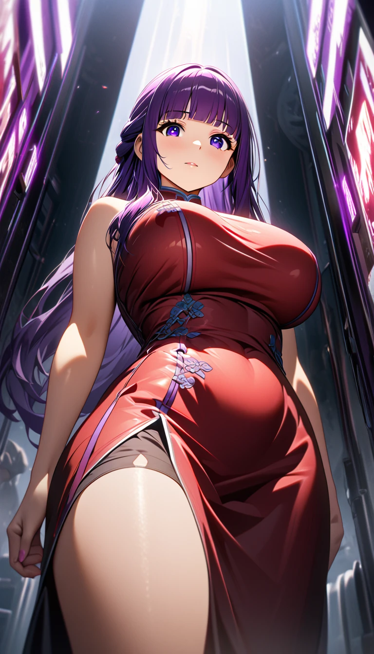 Cheongsam Girl,Half Up,Purple Hair,Purple eyes,Long Hair,Blunt bangs,cowboy shot,Pure white background,Big Breasts,Depth of written boundary,Low angle view,Calf Level View,Overclocked Renderer,Cinema Lighting,Ultra-fine,Very detailed,complicated,Cinematic Perspective,CG Art,Looking at me,