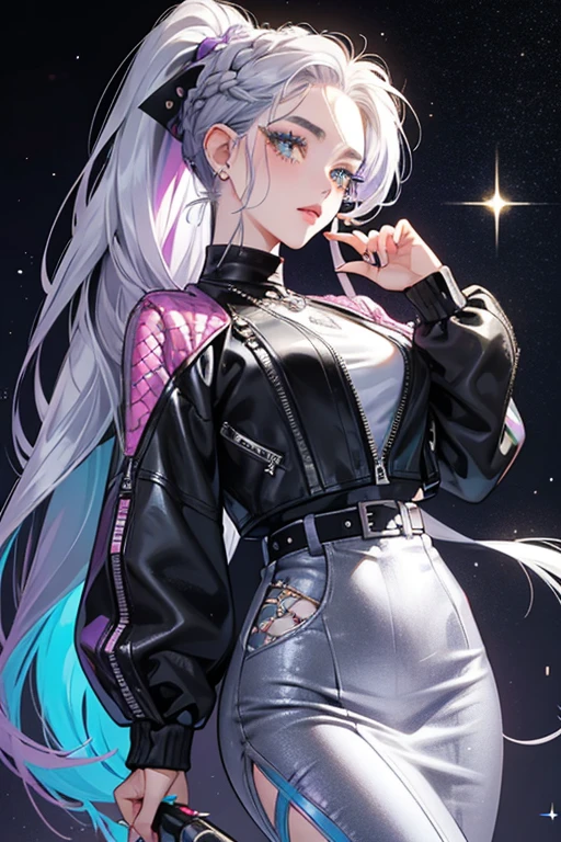 Riviera is a teenage girl with pale skin. She has long curly lavender hair and black braided streaks in her hair, Her hair is styled into a high up and half down ponytail with bigger braids at the center top front. She has bright green eyes, medium shaped eyebrows and freckles, Her makeup consists of silver and purple eyeshadow and purple eyeliner, glitter blush and her lips are pastel pink in color.
She wears a black turtle neck sheer band tee that has a metallic pink to blue design and a graphic print that says "MRMD", She also wears a metallic holographic snake-skin leather moto jacket with grey buckles and zipper and grey spike studs on the sleeves. For her accessories, She wears a one double piercing silver safety pin earrings, silver ball stud necklace and silver safety pin necklace. She also wears a holographic harness style belt with silver details and black gloves and silver bracelets.
For her mermaid tail, It's metallic blue and stylized like an electric guitar with denim/leather texture. When it changes color, it turns into a shiny pastel blue and the fin entirely changes into white. SPARKLE; GLITTER
