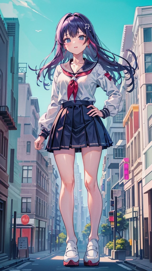 Knot　Unreal Engine　Anime Style　Delicate painting　4K　90's　giant　Multiple Girls　crowd　School building 　City　　School buildingの谷間に立っている巨大な女子高生　school uniform　Sailor suit　skirt　Black Hair　Hands on hips　smile　female giant giant girl Whole body 　 Destroyed skyscrapers Destroyed cars Crowd Unreal Engine,cleavage ,a drawing of a , earrings, long hair, 1980s (style) Cute picture　Beauty　Analog style　whole body　sneakers　