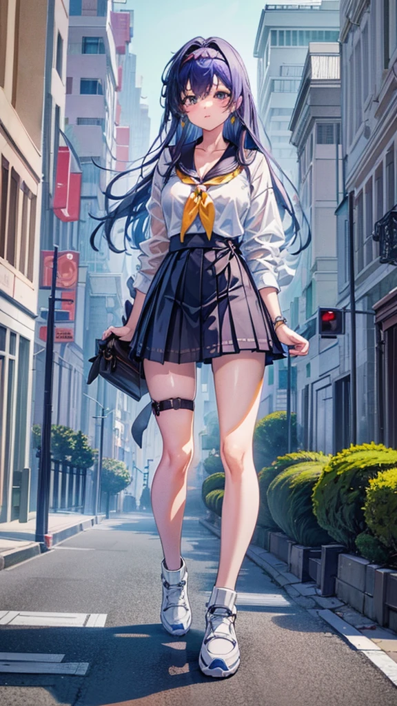 Knot Unreal Engine Anime Style Delicate painting 4K 90's giant Multiple Girls crowd School building City School buildingの谷間に立っている巨大な女子高生 school uniform Sailor suit skirt Black Hair Hands on hips smile female giant giant girl Whole body Destroyed skyscrapers Destroyed cars Crowd Unreal Engine,cleavage ,a drawing of a , earrings, long hair, 1980s (style) Cute picture Beauty Analog style whole body sneakers