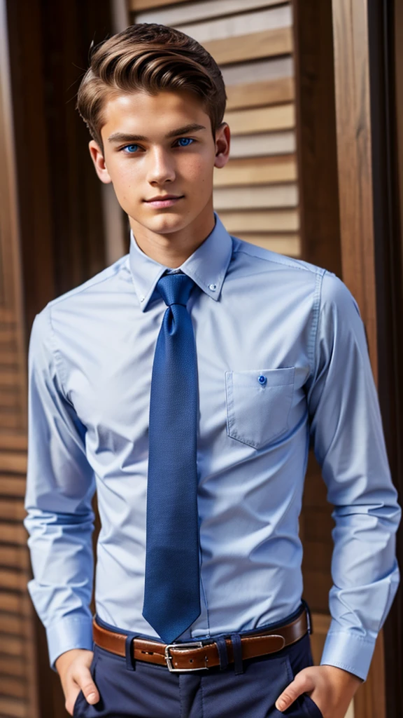 19 year old male wearing tie and lomg sleveed button up with belt and tucked in
4K HIGH REZ 

Physical Description: Brown colored hair and skinny build. 5"5 and 150 LB. Blue eyes. 

.
