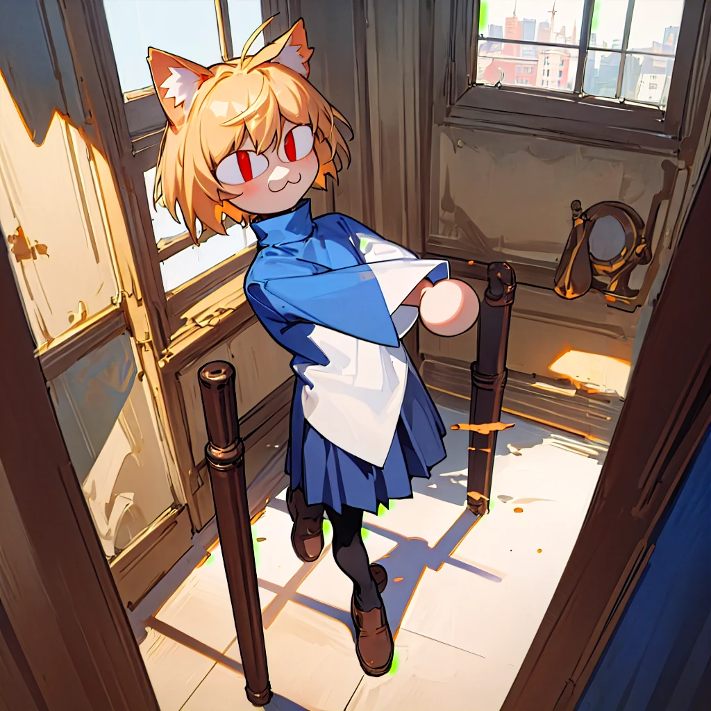 (masterpiece, best quality:1.2),  necoarc, slit pupils, cat ears, blonde hair, red eyes, chibi, 1boy, solo, white turtleneck, blue skirt, pleated skirt, brown footwear, pantyhose, near a window, inside a room, highlight thighs, :3, landscape