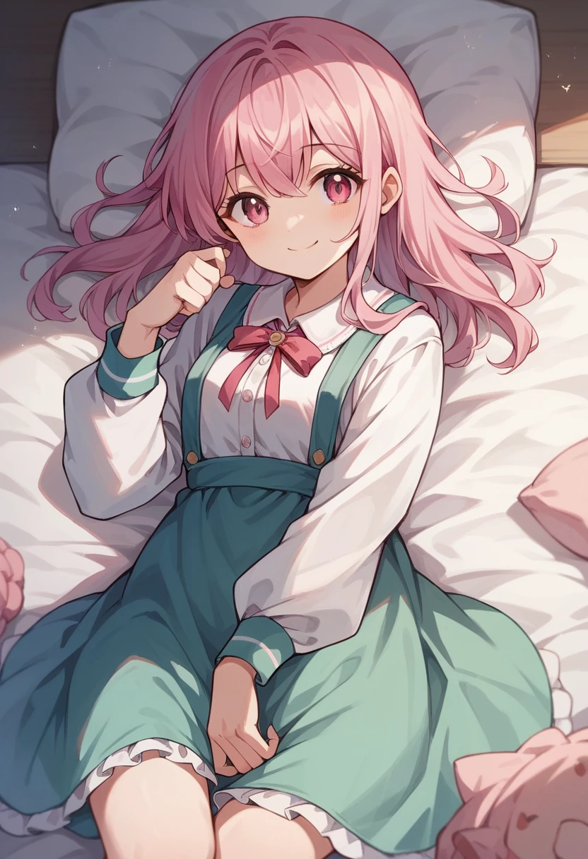 Highest quality、Morning Details、Pink hair and pink eyes、1 cute anime girl smiling wearing a nice school dress (Masterpiece)