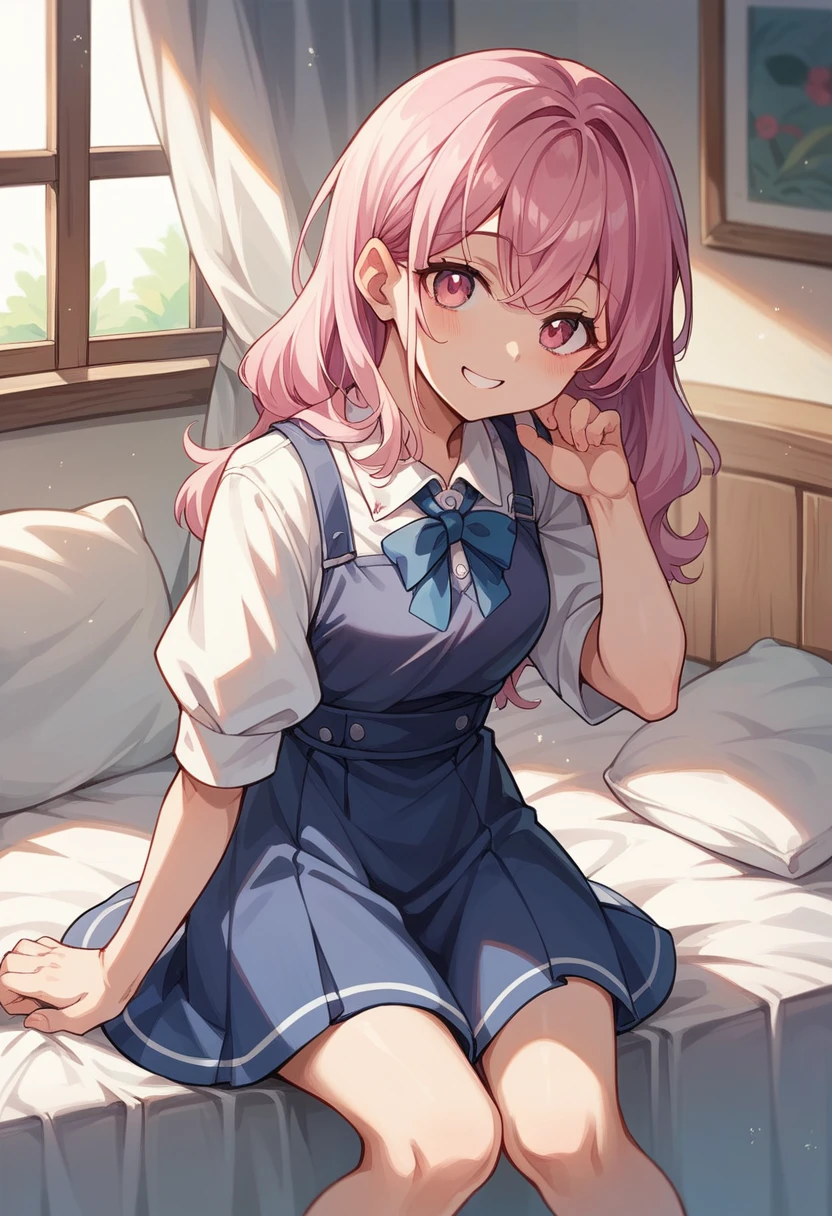 Highest quality、Morning Details、Pink hair and pink eyes、1 cute anime girl smiling wearing a nice school dress (Masterpiece) 