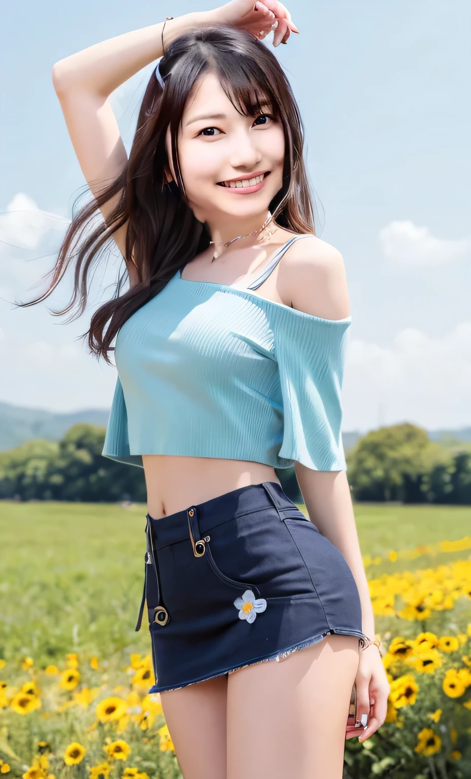 Highest quality、Ultra HD,8K,Fine details、Super detailed、Correct body proportions、Long Hair、B Cup、Shoulder Off、navy blue tops、belly button、mini skirt、leg、Flower Field、summer