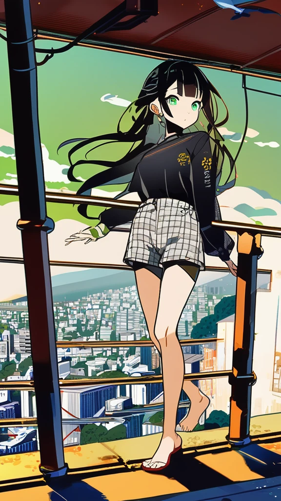 masterpiece, Exquisite detail,Highest quality, One girl, alone, handrail, cloud, 立ってNULLを見上げている,Long Hair, NULL, Long sleeve, sneakers, Power lines, White footwear, Black Hair, View your viewers, Electric pole, bangs, cloudy NULL, fish, bird, Green Eyes, Shorts, Day, Black Shirt, barefoot,Buildings,Tokyo city,Bicycle uphill