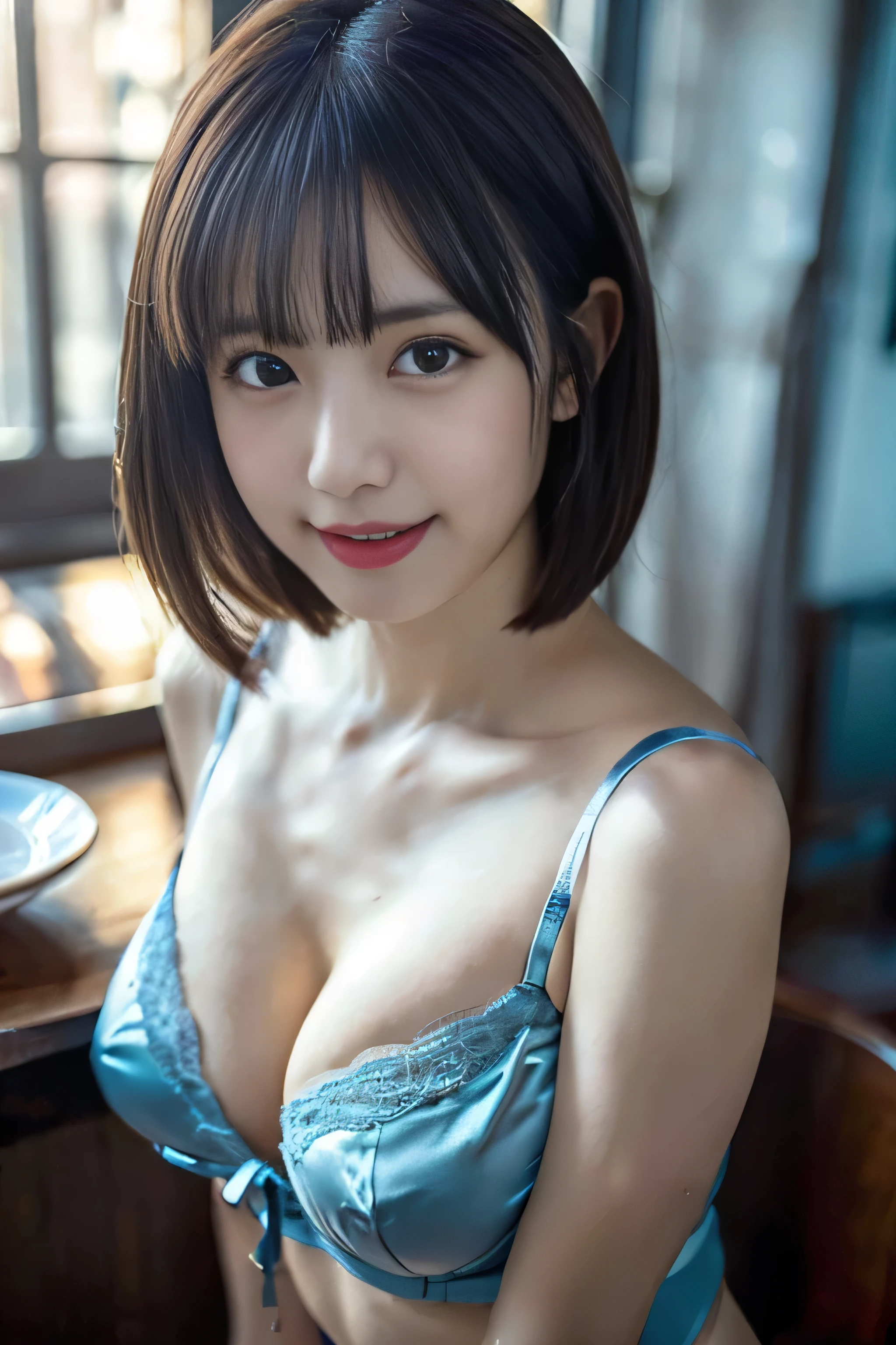 buzzer, Lustful, (Best Quality,4K, 8K, hight resolution, masutepiece:1.2), Ultra-detailed, (Realistic ,Photorealistic ,Photorealsitic:1.37), 1girl in, (Perfect body :1.2), Ultra-detailed face, Detailed lips, Detailed eyes, Sexy double eyelids, Beautiful detailed eyes, Beautiful detailed lips, sexy flirty pose, wearing Lingerie, Hi-Res, Cinematic Angle, Professional Lighting, Unity 8k Wallpaper, Aesthetic, masterpiece, top-quality, Shy laughter, (Large Breasts:1.5), (Slim Body:1.5), (light blue See-through lingerie:1.5),