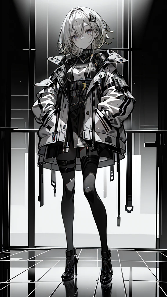 1 girl, short yellow hair, cyberpunk, Alice in Wonderland, black high heels, hand in pocket, best quality, 4k, 8k, highres, masterpiece:1.2, ultra-detailed, realistic, photorealistic, photo-realistic:1.37, HDR, UHD, studio lighting, ultra-fine painting, sharp focus, physically-based rendering, extreme detail description, professional, vivid colors, bokeh, concept art