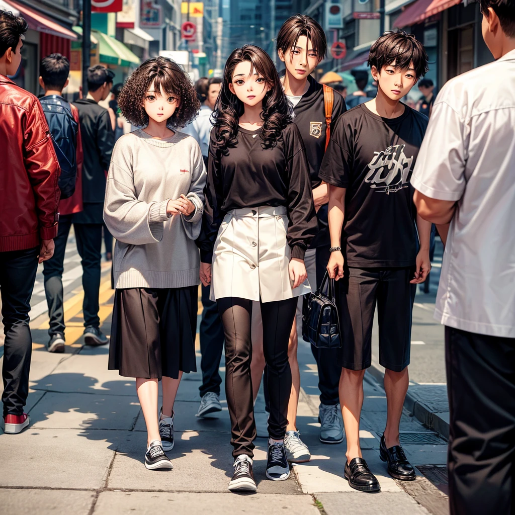 Korean style character. characteristics: age 14 years, BROWN SKIN, low fade hair, frizzy, short and curly, Dark brown eyes, Environment: Sidewalk of a big city and with paparazzi taking photos.