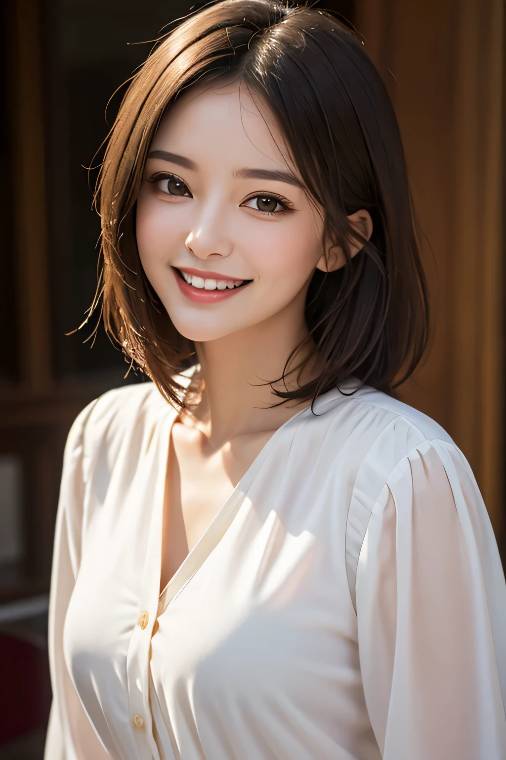 ((masterpiece)), ((Highest quality)), ((Complex)), ((Surreal)), (Realistic), (Mature Woman), ((No classes)), Very detailed, (1 female), Beautiful and exquisite, (Beautiful Teeth), Grin, Brunette Bob Hair, Brown eyes, ((blouse)), (Upper Body), (background:none), Perfect Eyes, Captivating eyes, Looking at the audience