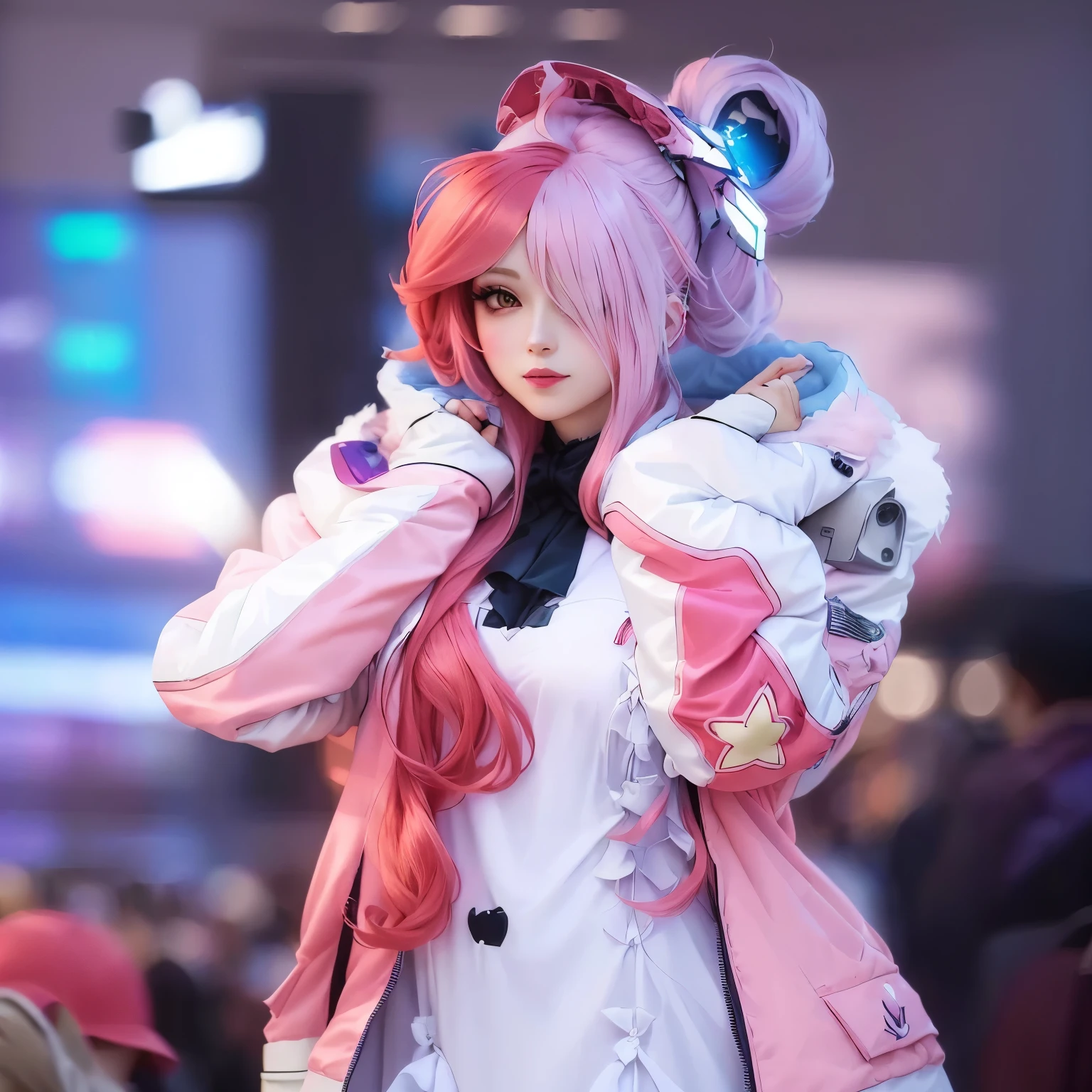 araffe dressed in a white dress and pink jacket with a pink hair, anime girl cosplay, anime cosplay, cosplay, professional cosplay, cosplayer, anime character, style of macross, anime character; full body art, anime inspired, full-cosplay, cosplay photo, beautiful uta from one piece