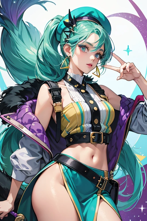 She is a thin, dark skinned girl. She has Green hair tied half up and half down, and neon blue hair streaks. Her mermaid tail has a unique design with many golden chains and button details. Her tailed is colored like her hair streaks, neon blue teal. She wears minimal makeup, with a baby blue eyeshadow and glossy lipstick.
She wears a color block patterned top with green and blue triangles with black centers. She wears a lilac/purple colored beret that’s off to the side. She wears a bag near her tail and multiple belts with more gold details to match her tail. The Color of the bag and belts are a lilac/purple, matching her beret. She also wears golden dangly earrings. SPARKLE; GLITTER