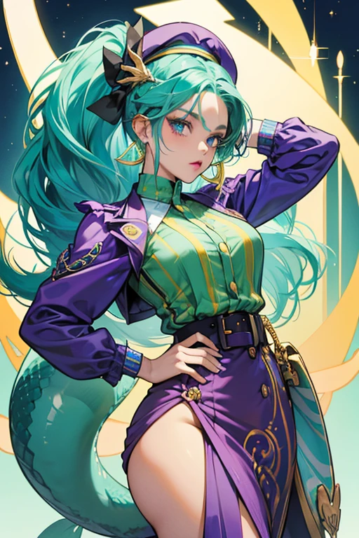 She is a thin, dark skinned girl. She has Green hair tied half up and half down, and neon blue hair streaks. Her mermaid tail has a unique design with many golden chains and button details. Her tailed is colored like her hair streaks, neon blue teal. She wears minimal makeup, with a baby blue eyeshadow and glossy lipstick.
She wears a color block patterned top with green and blue triangles with black centers. She wears a lilac/purple colored beret that’s off to the side. She wears a bag near her tail and multiple belts with more gold details to match her tail. The Color of the bag and belts are a lilac/purple, matching her beret. She also wears golden dangly earrings. SPARKLE; GLITTER