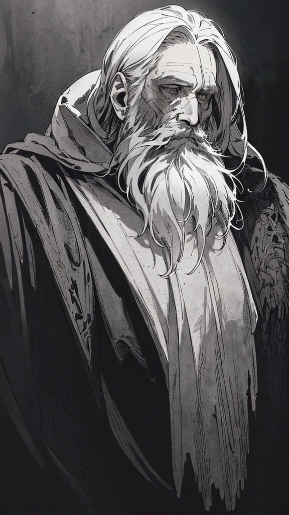 Best_quality, (background_detail), high_contrast, detailed_original_illustration, warrior, gray_hair, muscular, villain_face, armored, full_body, holding_sword, medieval, earring_deep_wrinkle_brow_eyes, middle_aged_man, dark_stitching_cape, (dramatic_lighting:1.25), (shaded Background:1.2), (sloppy_gray_hair:1.2), (long_well-groomed_hair_beard:1.3) large figure, delicate face, , wicked smile, sharp eyes, black background, (black background:1. 5) beautiful line drawing, black and white
Translated with DeepL.com (free version)