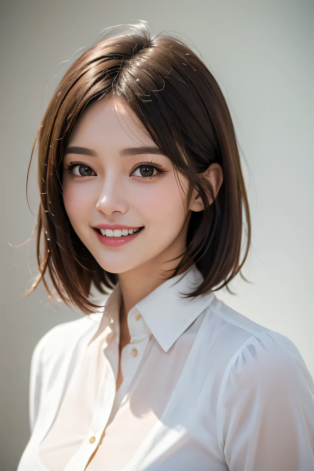 ((masterpiece)), ((Highest quality)), ((Complex)), ((Surreal)), (Realistic), (Mature Woman), ((No classes)), Very detailed, (1 female), Beautiful and exquisite, (Beautiful Teeth), Grin, Brunette Bob Hair, Brown eyes, ((blouse)), (Upper Body), (background:none), Perfect Eyes, Captivating eyes, Looking at the audience