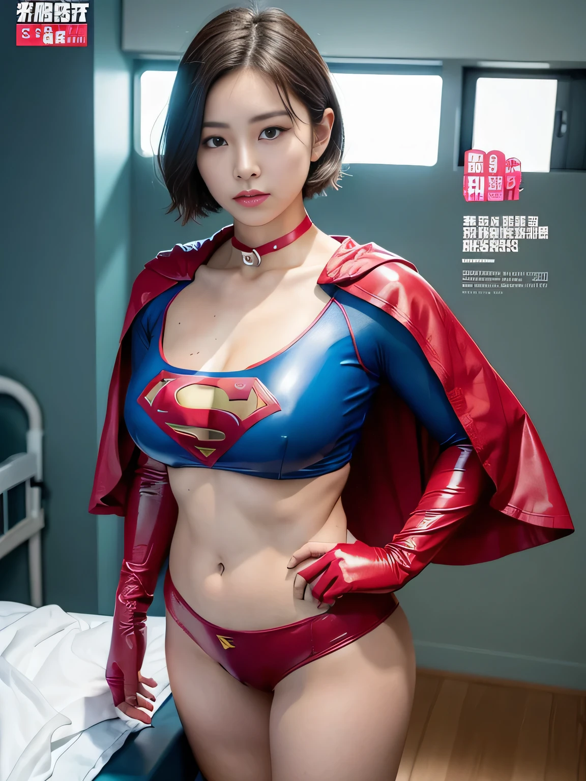 masterpiece、Rubber Supergirl Costume、Short Hair、Hospital operating table、Crisis situation、Big and ample breasts、looking at the camera、Shiny、Off the shoulder、choker、Long sleeve、exy poses to seduce、Sweaty skin、Model Body Type、Alluring、charm、Enchanting、Abused、test subject、victim、Wild、Photorealistic、latex、Expose your belly、athlete、Racing Bloomers、Photo magazine cover、Red cloak、Beautiful Abs、